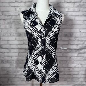 Sere Nade Black and White Plaid Sleeveless Button Down Sheer Shirt